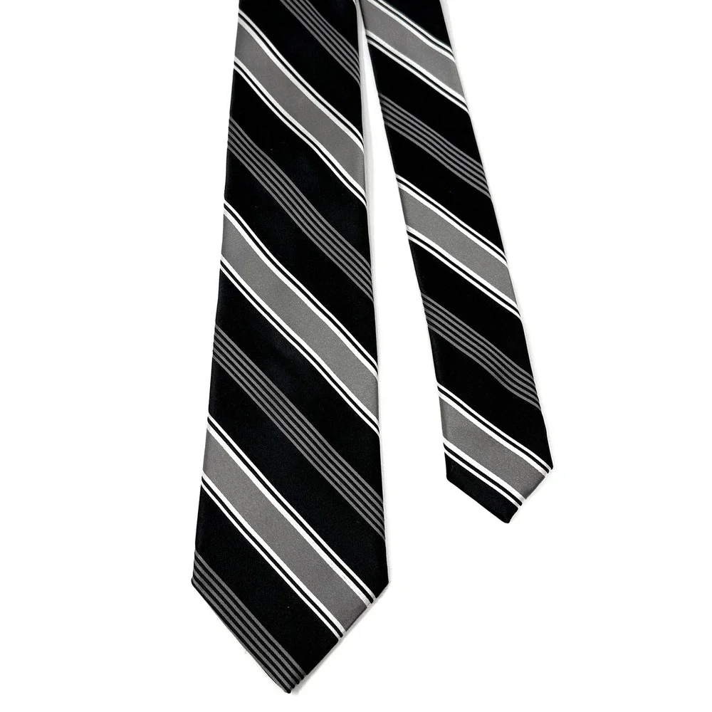 Valentino Repp Striped Silk Tie Black Gray White Tie 3.25